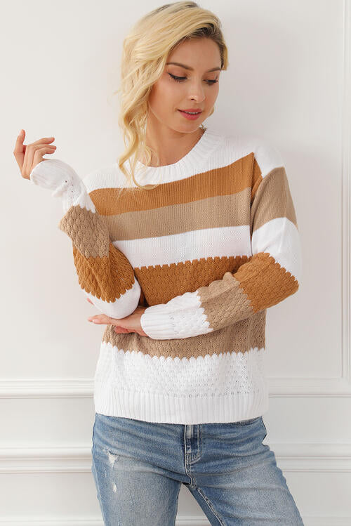 Striped Round Neck Long Sleeve Knit Top Ochre