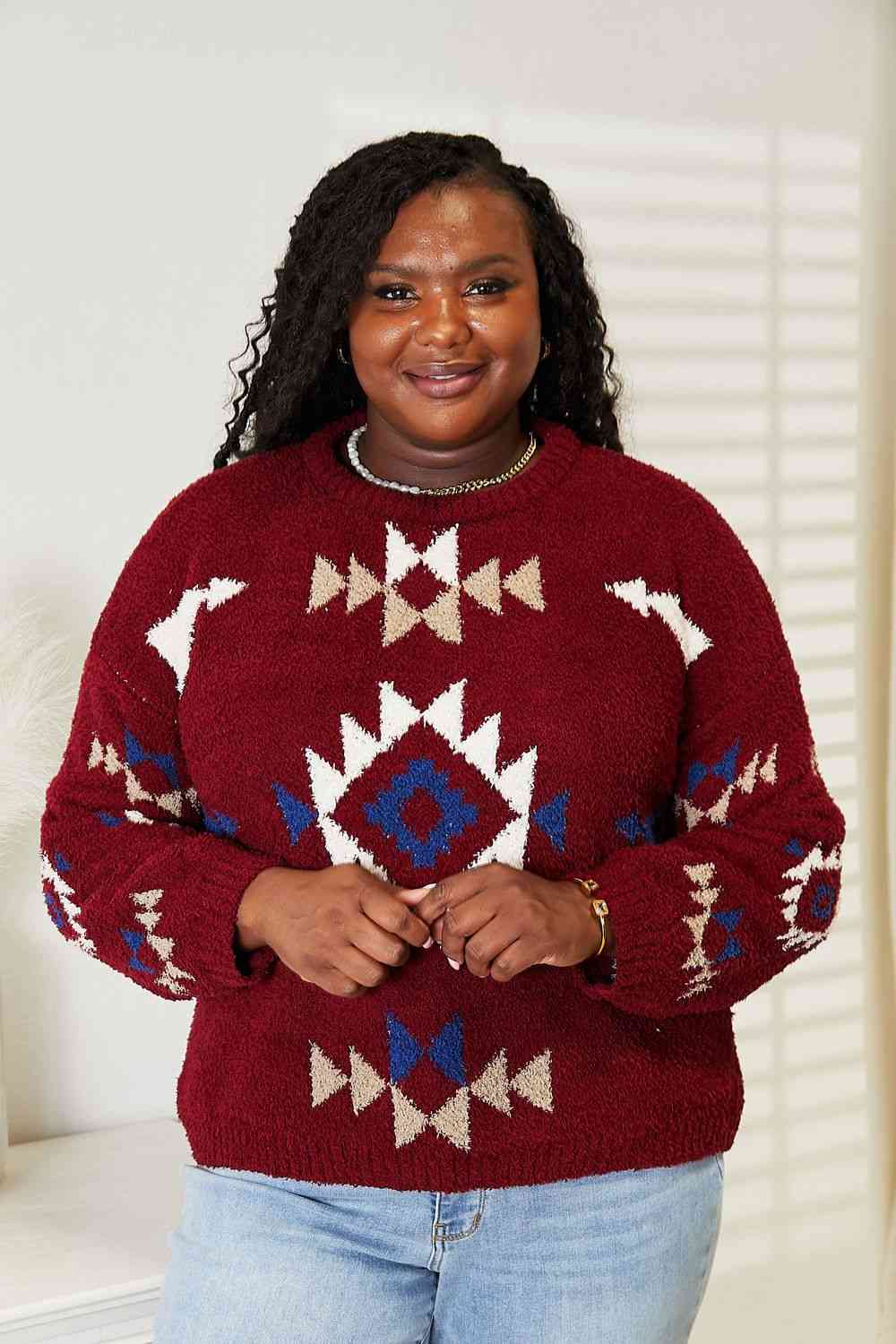 HEYSON Full Size Aztec Soft Fuzzy Sweater Wine