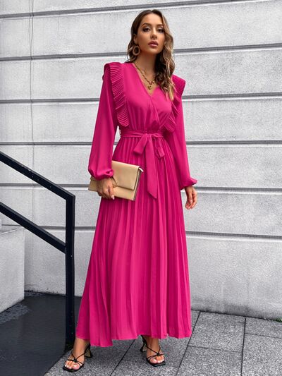 Pleated Surplice Tie Waist Maxi Dress Hot Pink