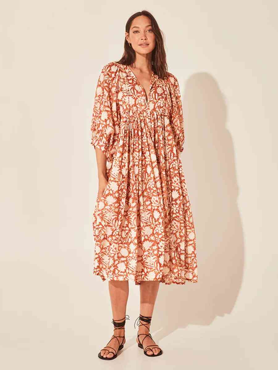 Floral Tie Neck Lantern Sleeve Dress Orange