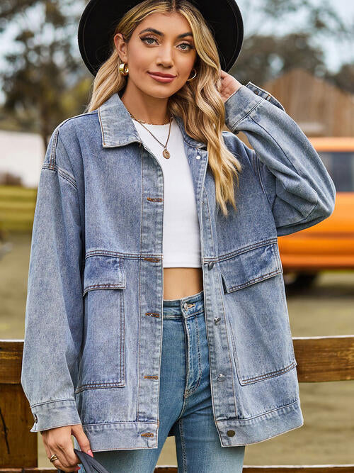 Collared Neck Button Up Denim Jacket Medium