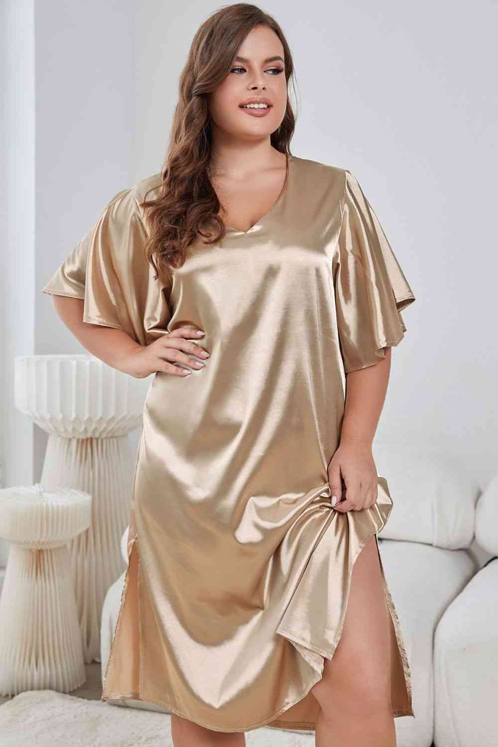 Plus Size Flutter Sleeve V-Neck Side Slit Night Gown Golden