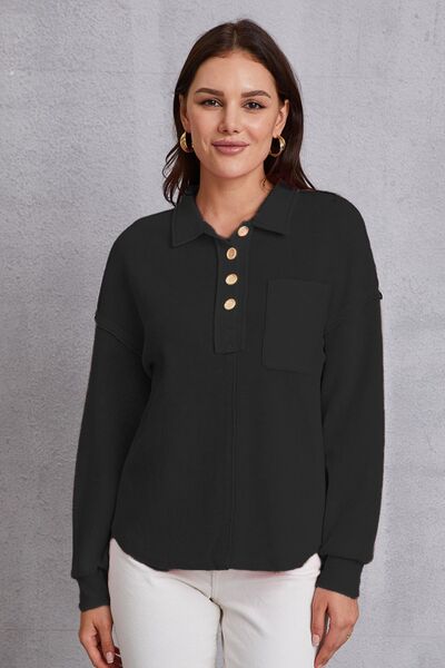 Quarter Button Dropped Shoulder Sweatshirt Black