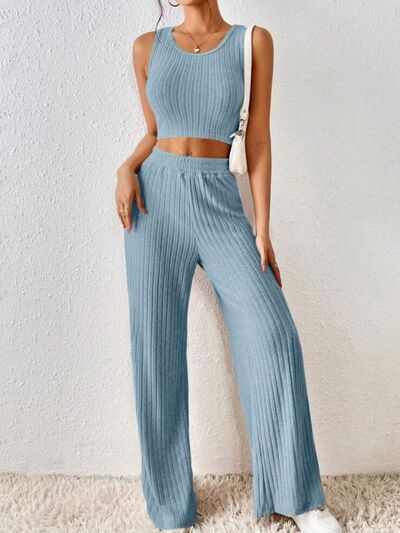 Ribbed Round Neck Tank and Pants Sweater Set Misty Blue