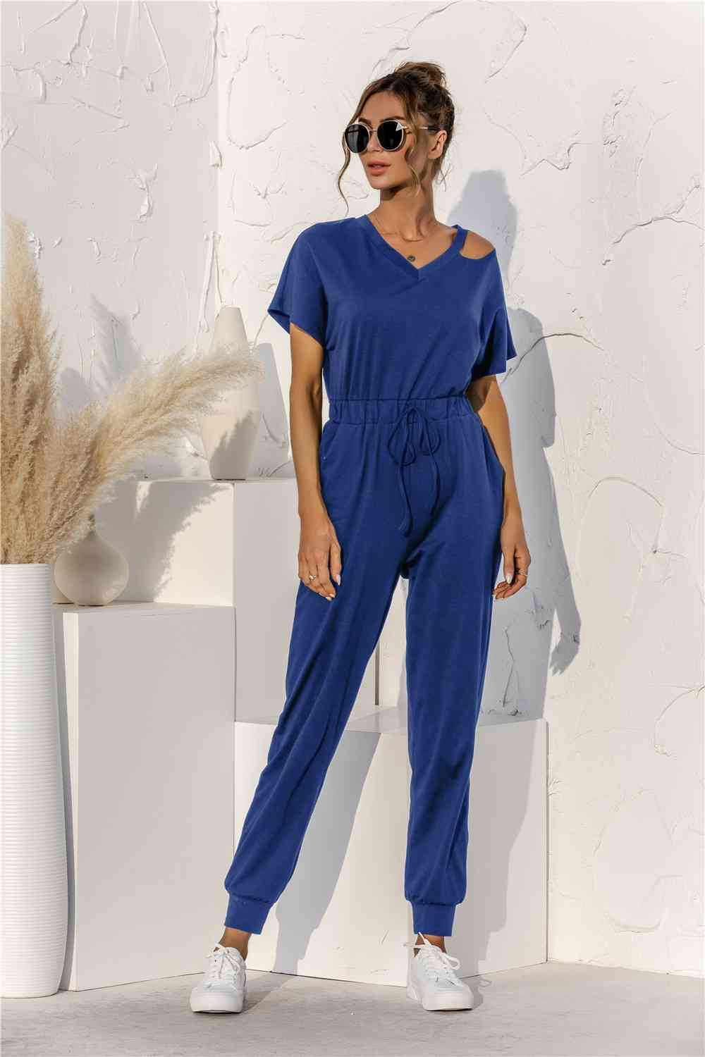 Cut Out V-neck Drawstring Jumpsuit Blue