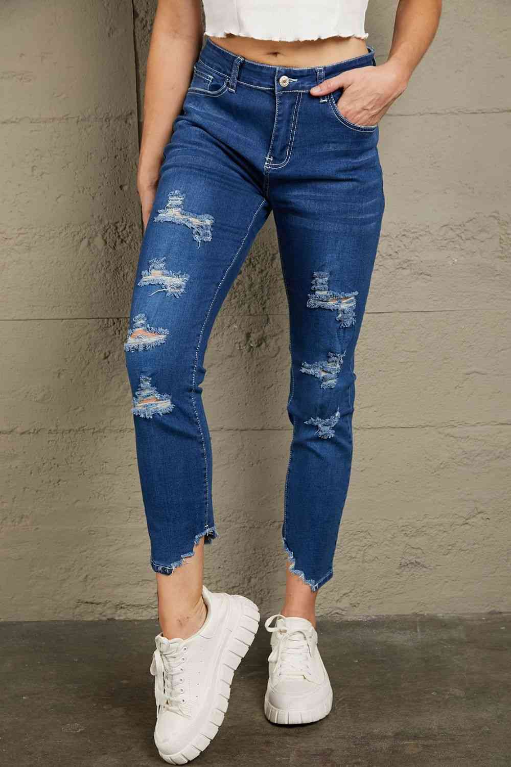 Baeful High-Rise Distressed Hem Detail Jeans Dark