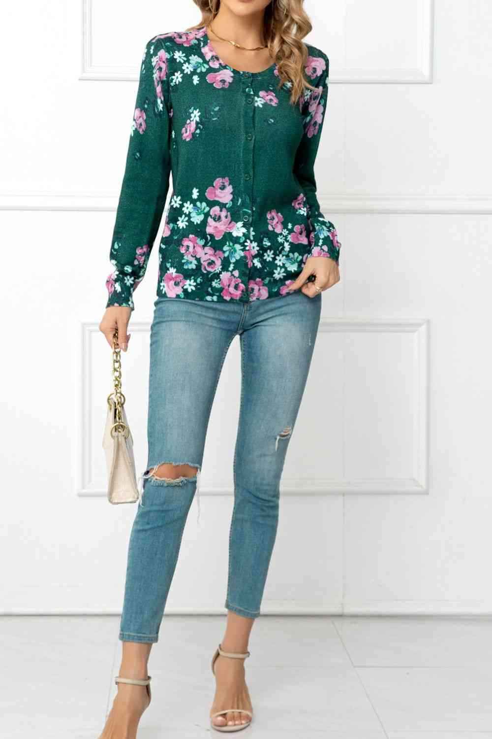 Woven Right Floral Button Front Round Neck Cardigan