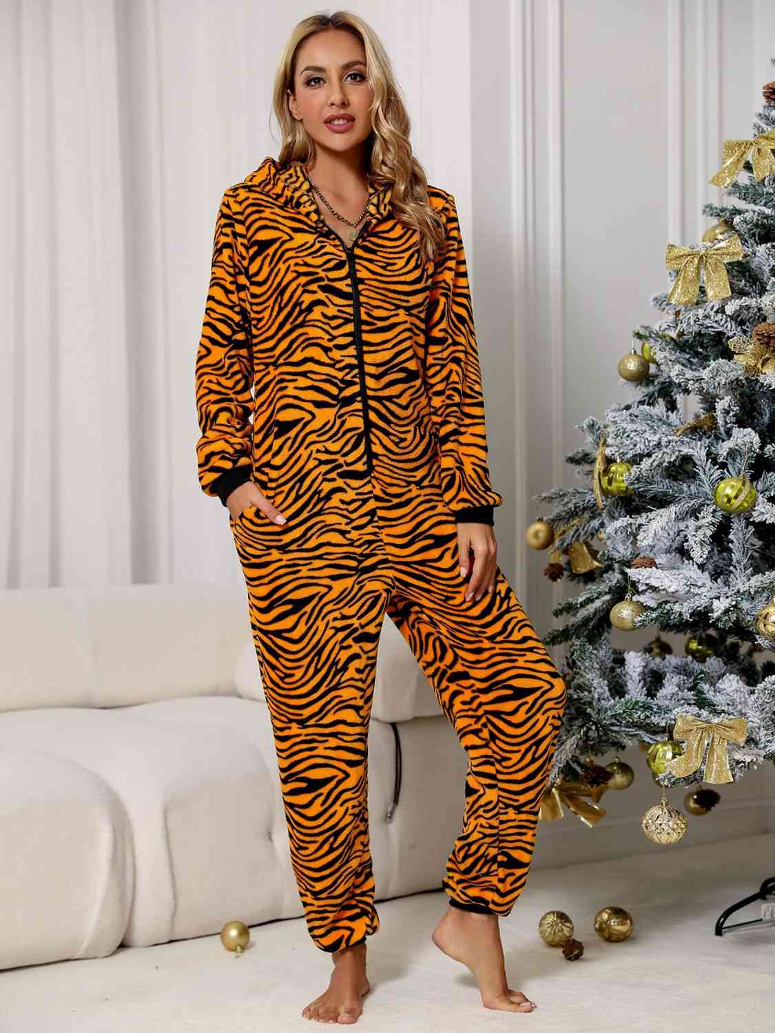 Animal Print Zip Front Lounge Jumpsuit with Pockets