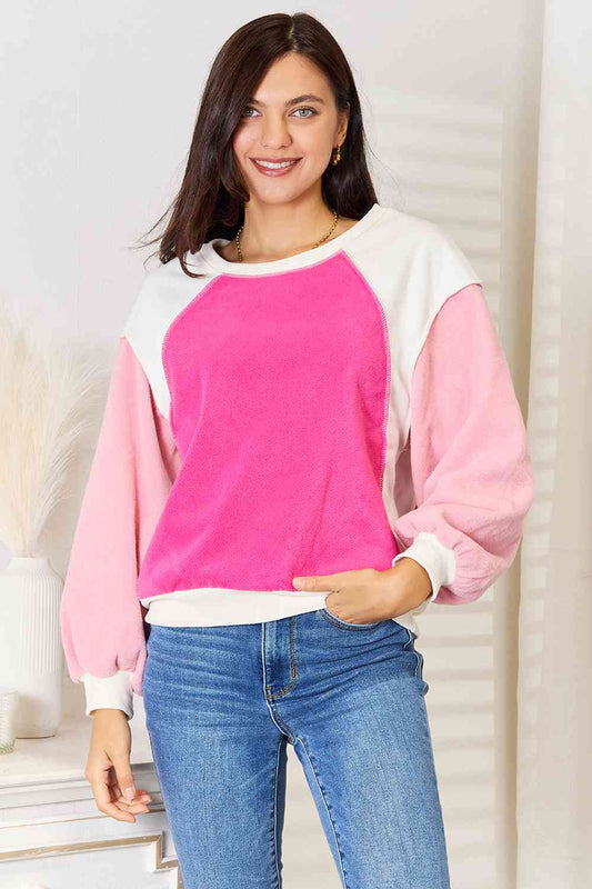 Double Take Color Block Dropped Shoulder Sweatshirt Hot Pink