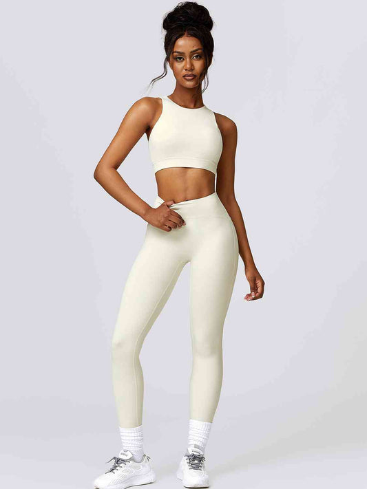 Cutout Cropped Sport Tank and Leggings Set Cream