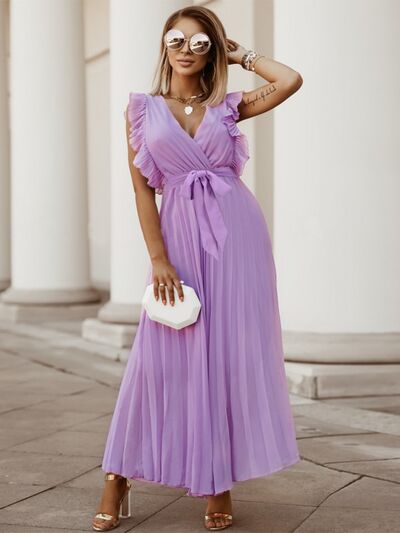 Tied Surplice Cap Sleeve Pleated Dress Lavender