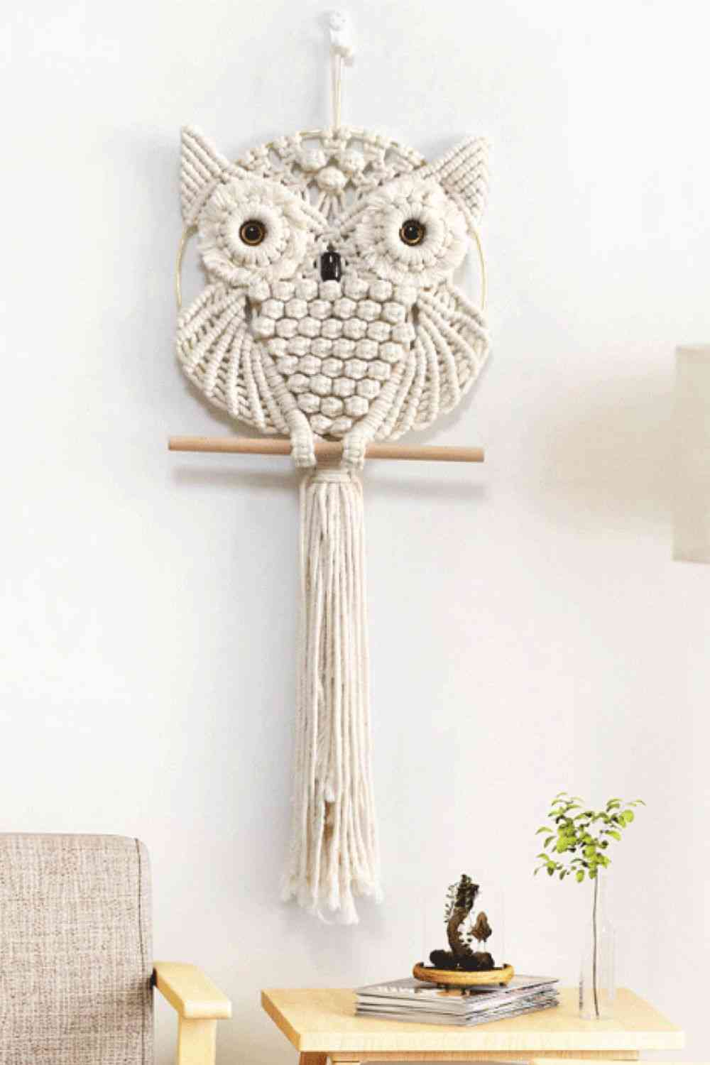 Hand-Woven Owl Macrame Wall Hanging Cream One Size