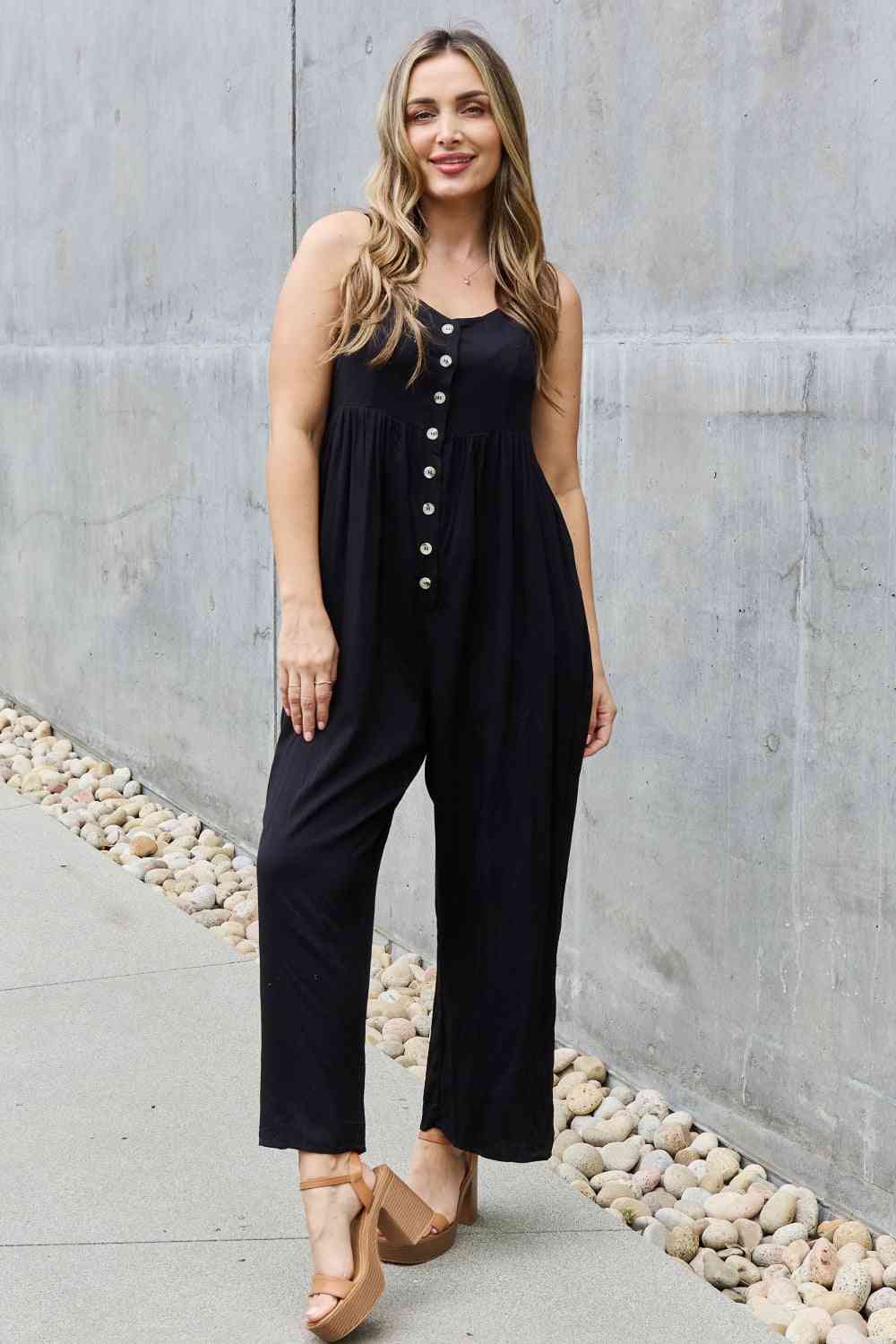 HEYSON All Day Full Size Wide Leg Button Down Jumpsuit in Black Black