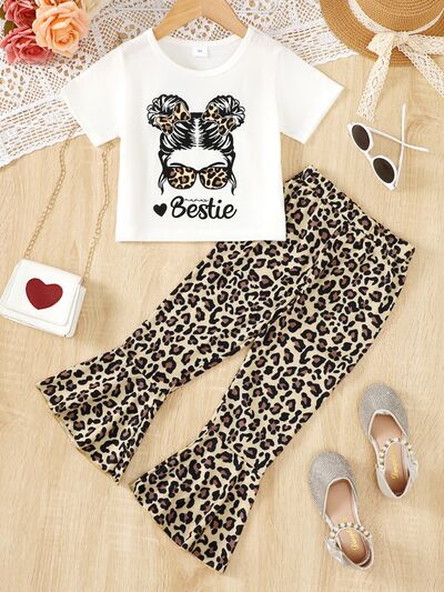 BESTIE Round Neck T-Shirt and Leopard Pants Set White