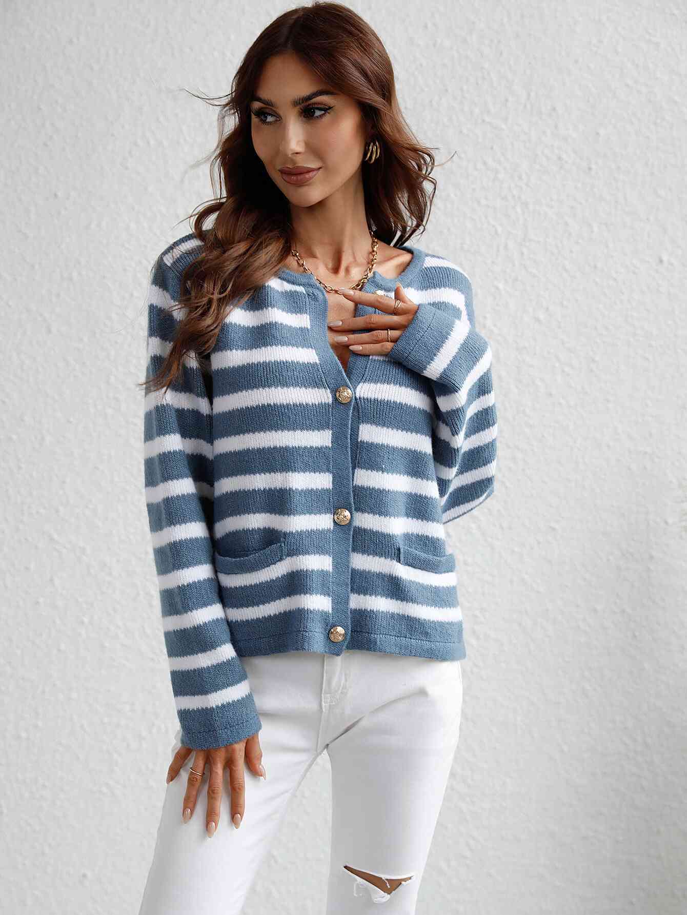 Woven Right Striped Button Front Cardigan Steel