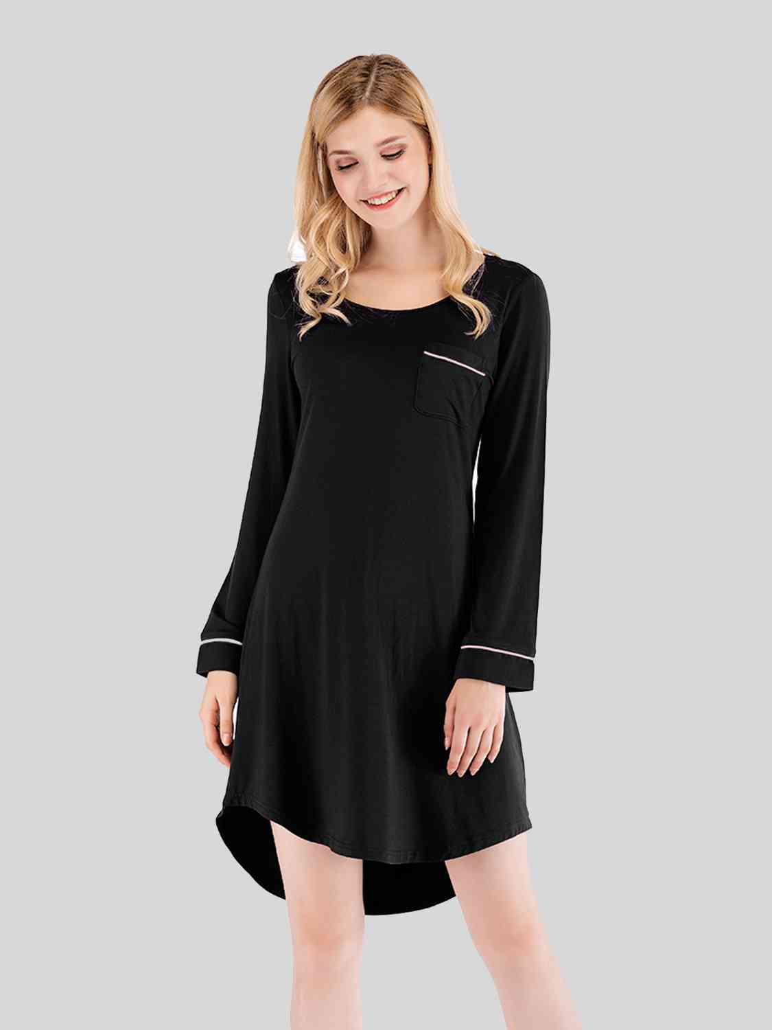 Round Neck Night Dress with Pocket Black