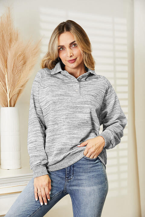 Ninexis Full Size Quarter-Button Collared Sweatshirt Light Gray