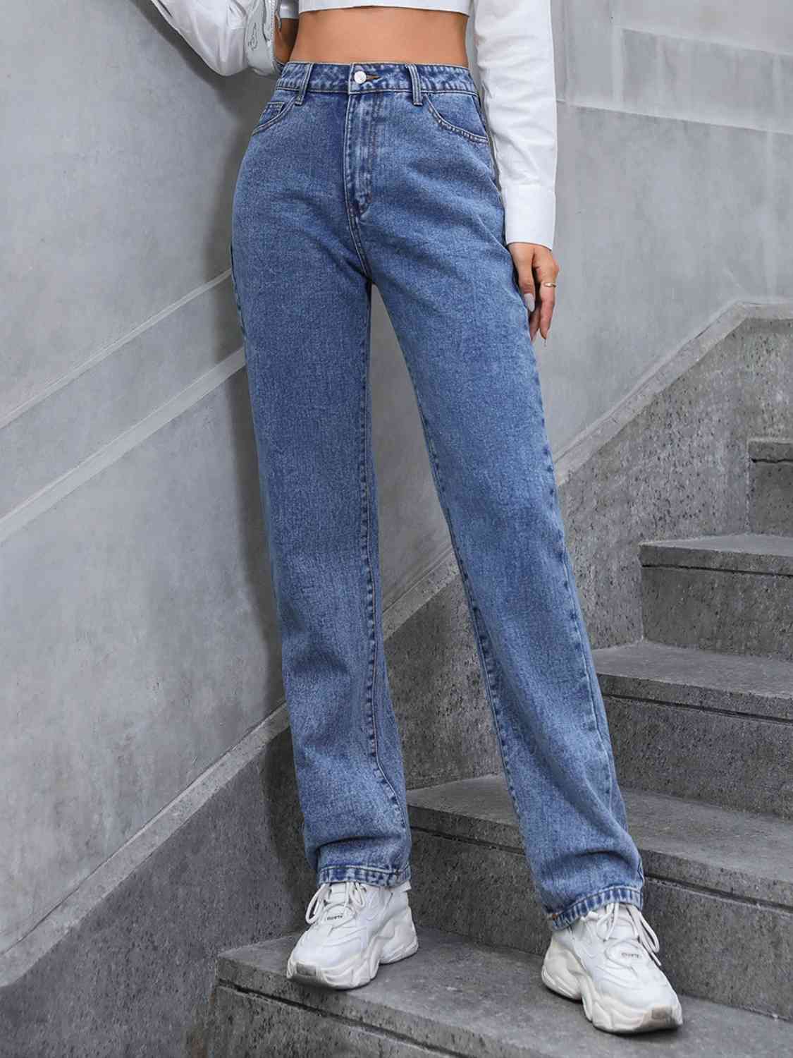 High Waist Straight Leg Jeans Dusty Blue