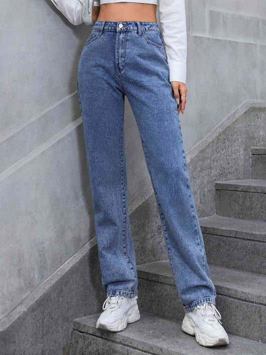 High Waist Straight Leg Jeans Dusty Blue