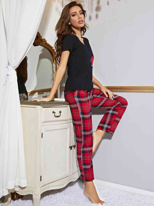 Heart Graphic V-Neck Top and Plaid Pants Lounge Set Black/Red