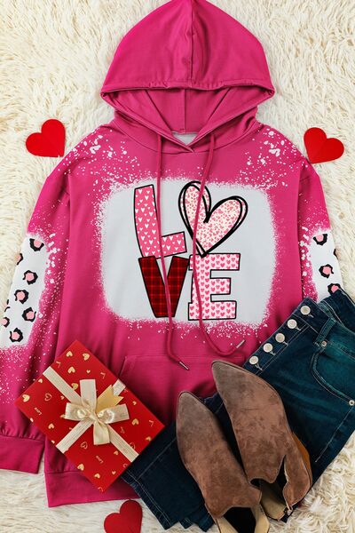 LOVE Heart Drawstring Dropped Shoulder Hoodie