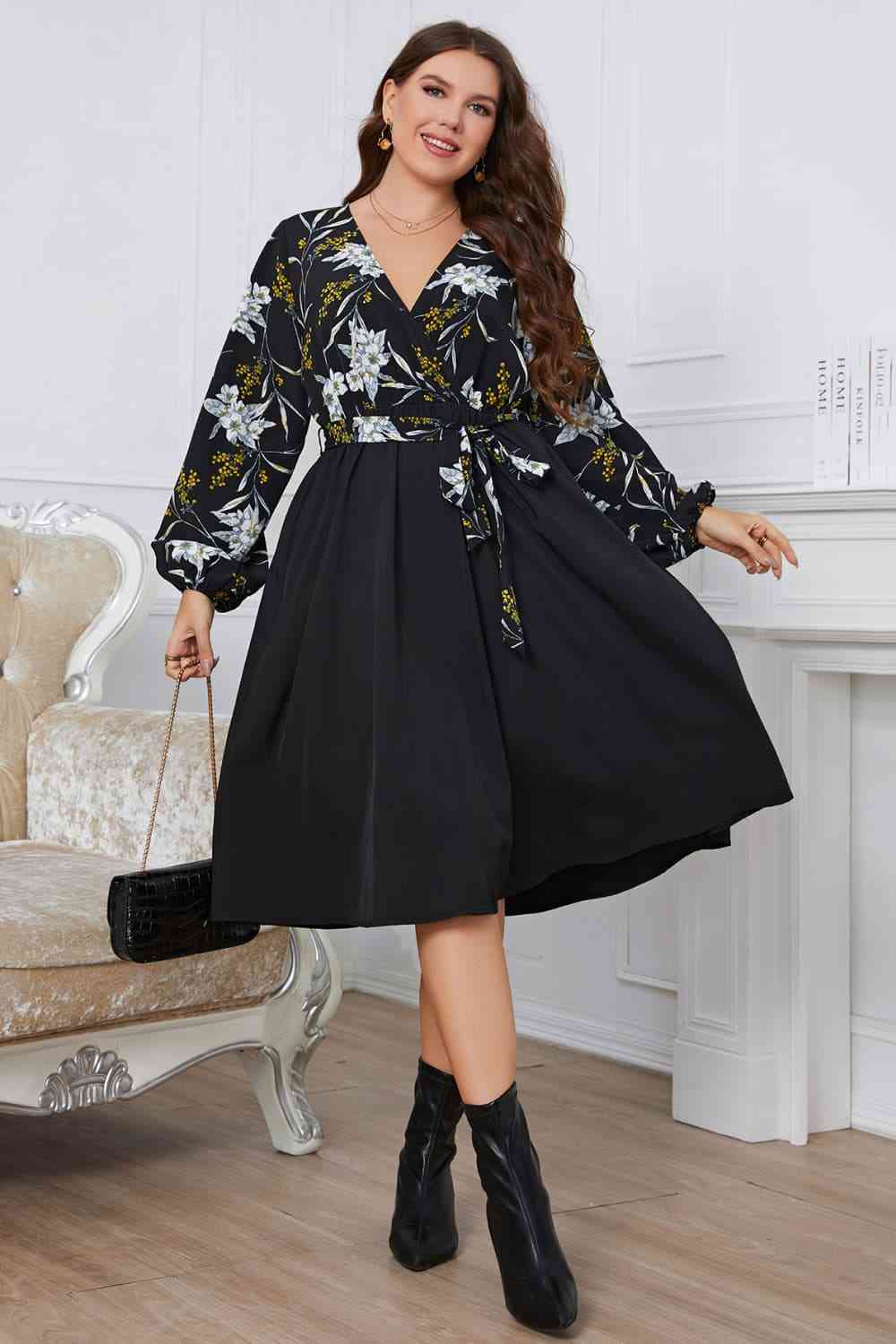 Melo Apparel Plus Size Floral Print Surplice Neck Tie Belt Midi Dress Black