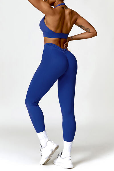 Ruched Halter Neck Bra and Pocketed Leggings Active Set