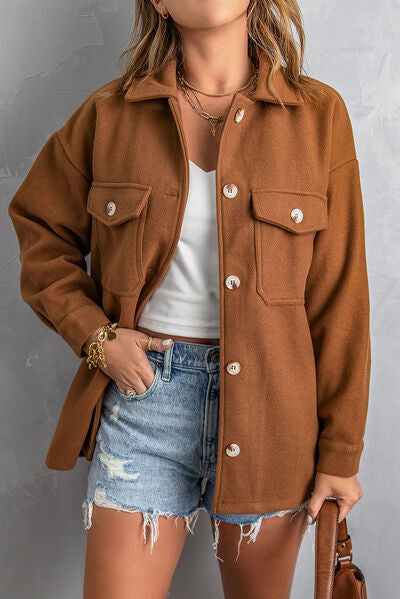 Pocketed Button Up Dropped Shoulder Jacket Caramel