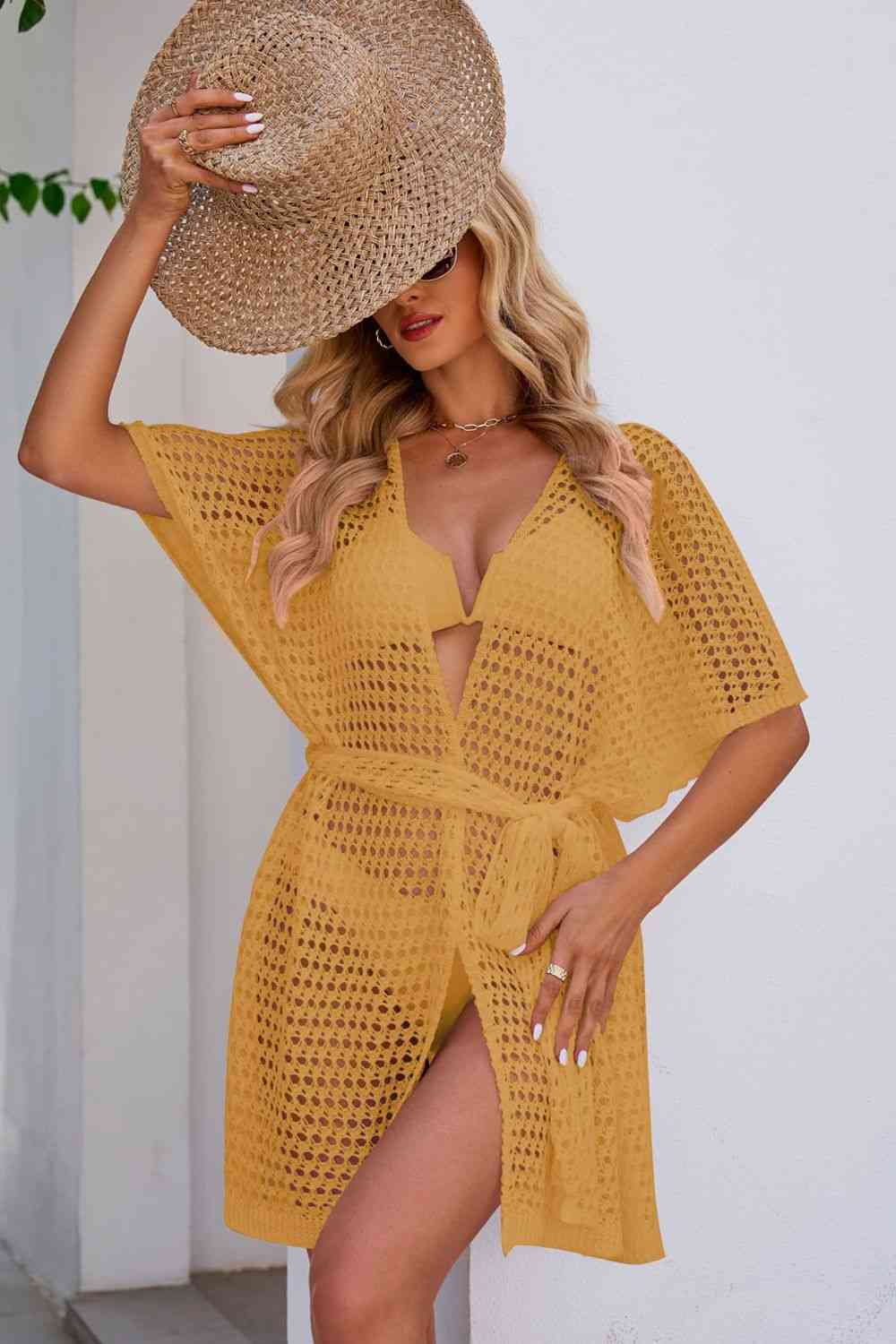 Openwork Tie Waist Cover Up Honey