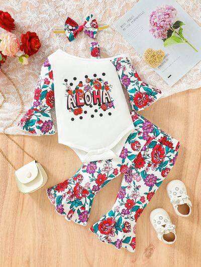 ALOHA Printed Bodysuit and Flare Pants Set White