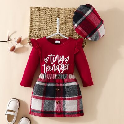 Letter Graphic Ruffle Trim Top and Plaid Skirt Deep Red