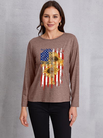 Graphic Round Neck Long Sleeve T-Shirt Taupe