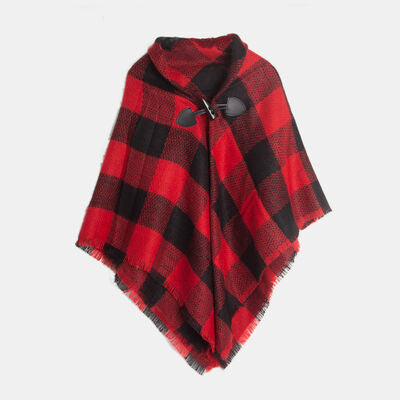 Plaid Horn Buckle Fringe Hem Shawl Deep Red One Size