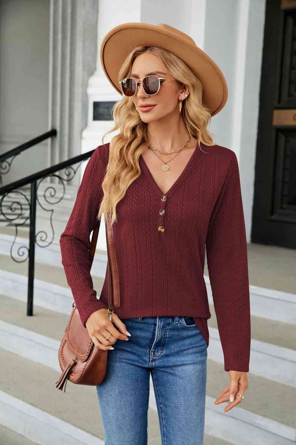 Cable-Knit Long Sleeve V-Neck T-Shirt Wine