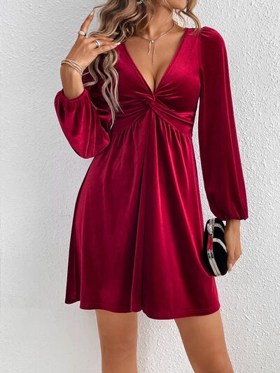 Twisted V-Neck Balloon Sleeve Mini Dress Wine