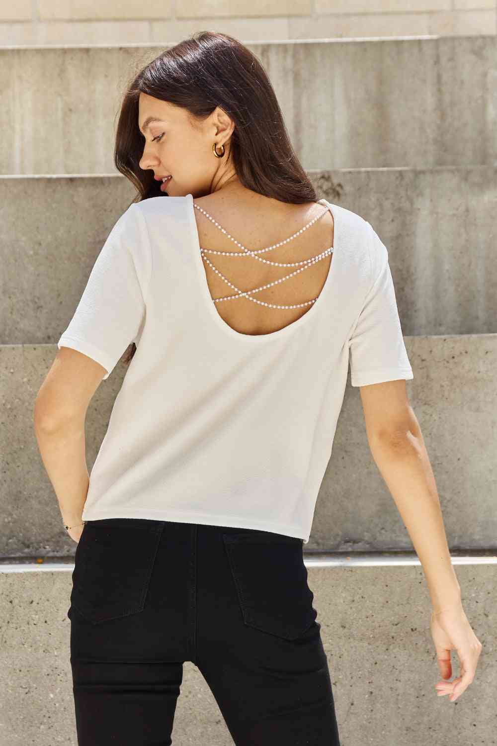 And The Why Pearly White Full Size Criss Cross Pearl Detail Open Back T-Shirt Off White