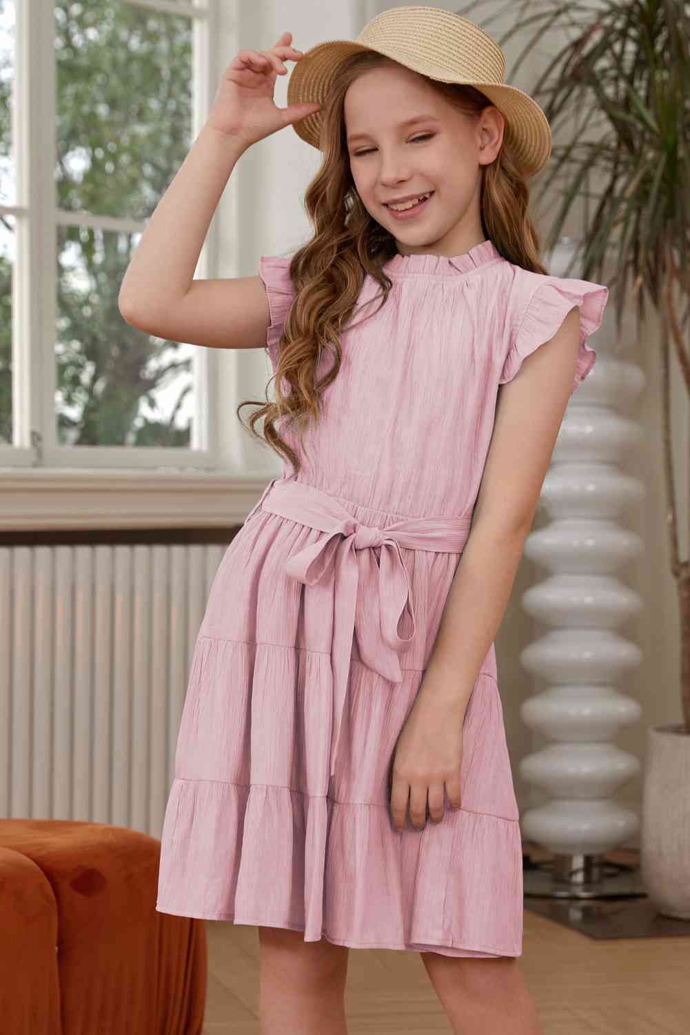 Frill Trim Tie Belt Tiered Dress Blush Pink