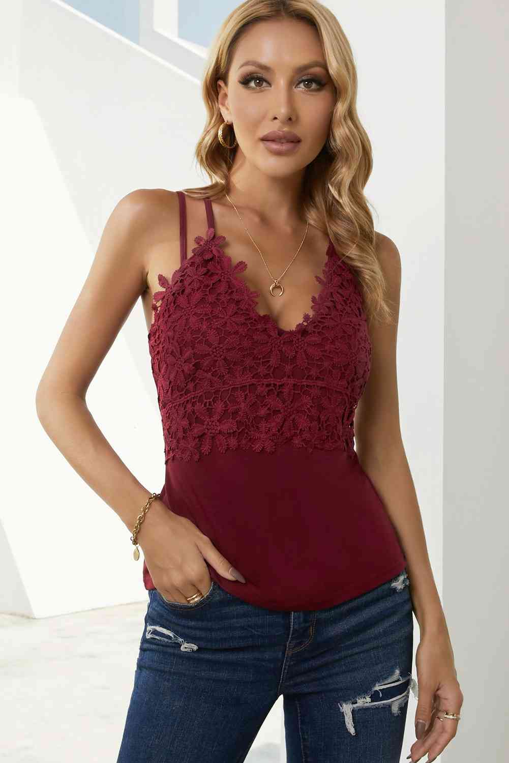 Lace Double Spaghetti Strap Cami Top Wine