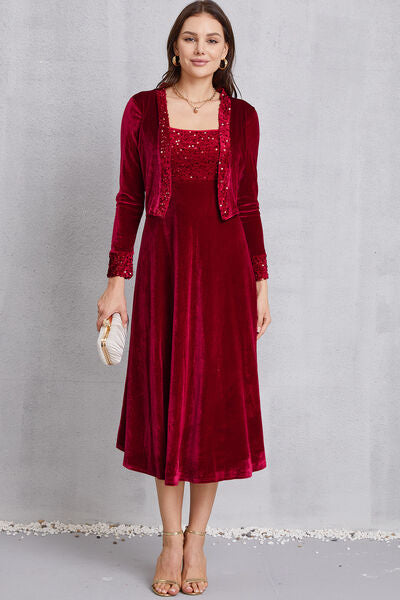 Sequin Long Sleeve Midi Dress Deep Red