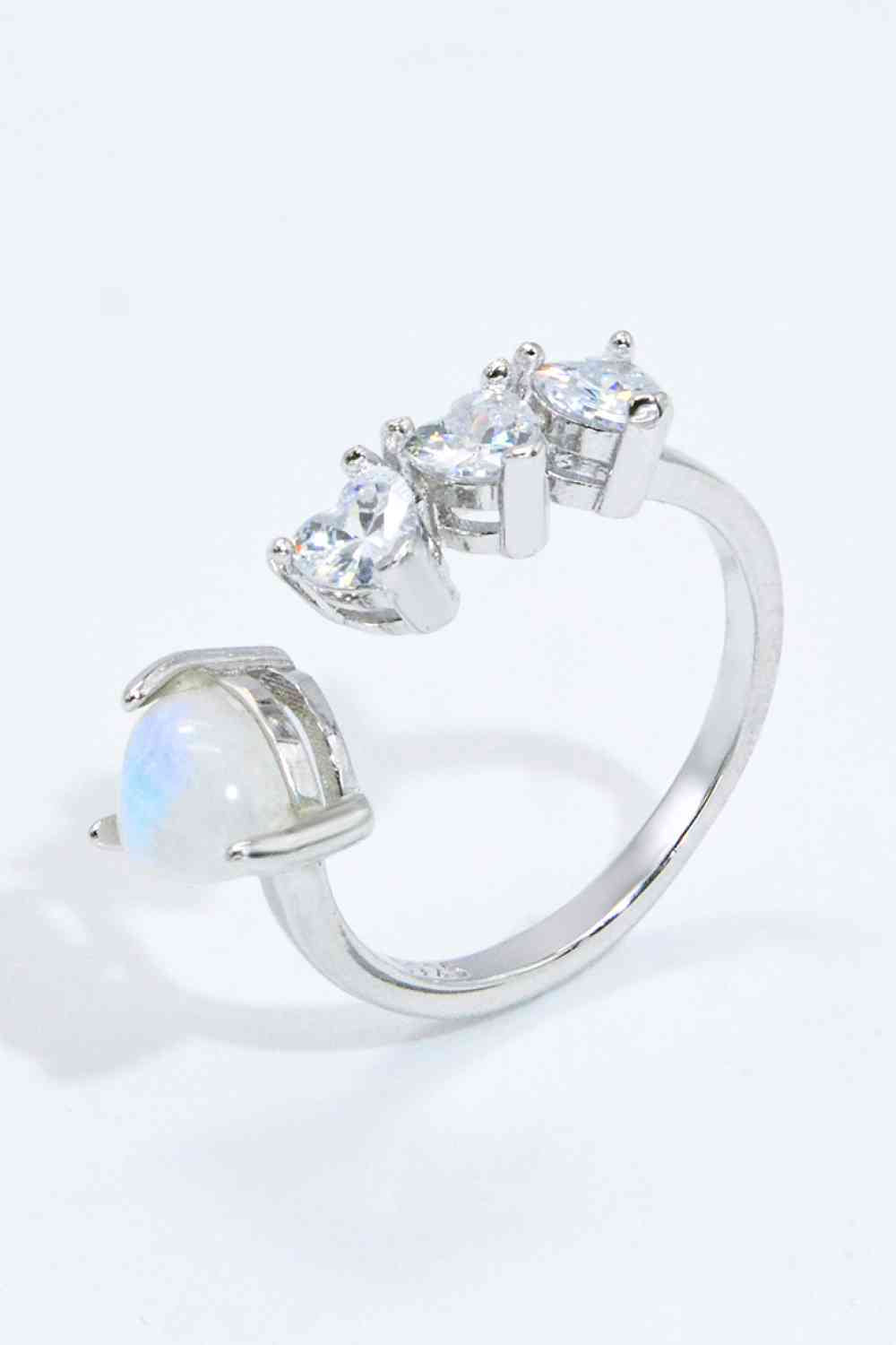 Natural Moonstone and Zircon Heart Open Ring Silver One Size