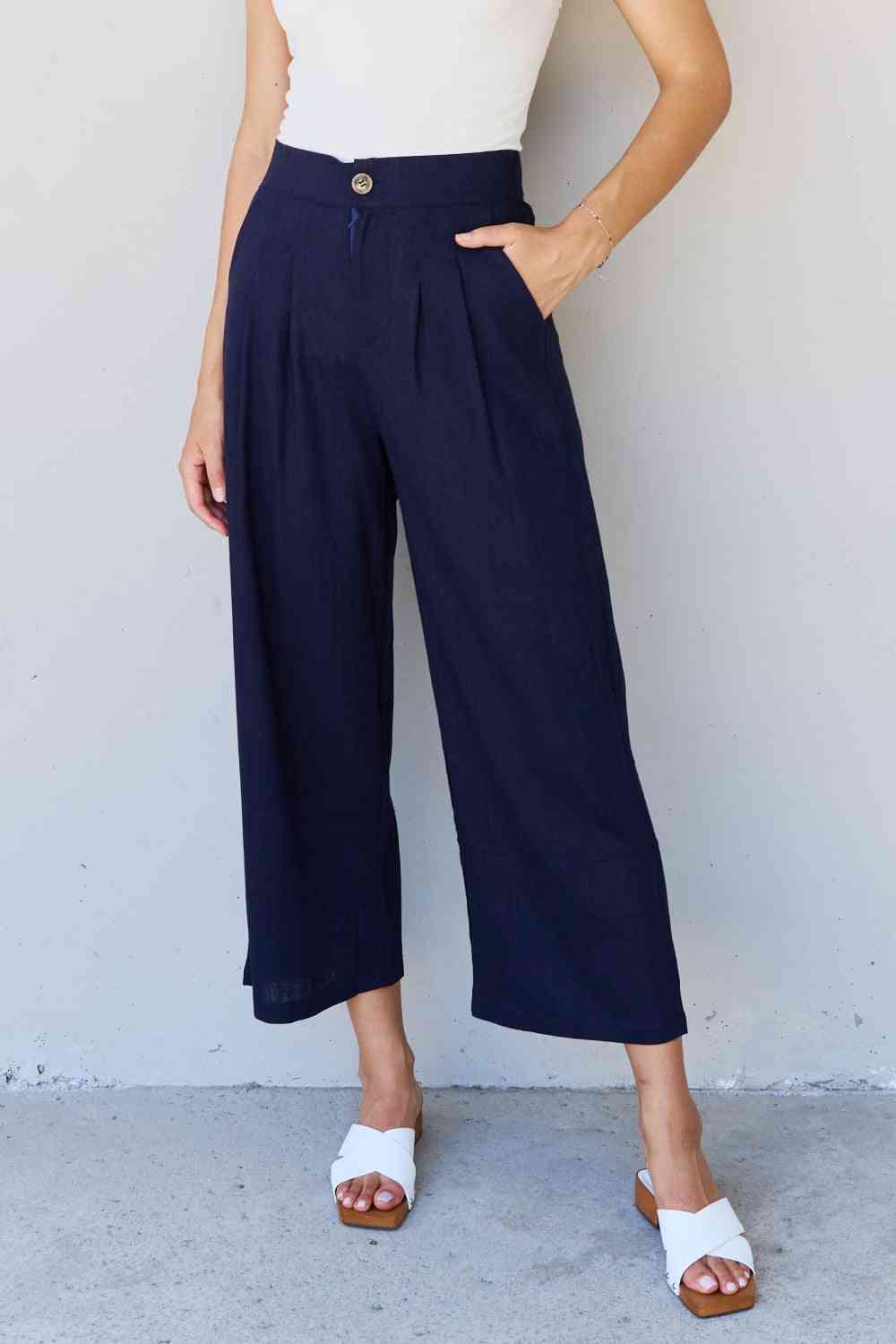 And The Why In The Mix Full Size Pleated Detail Linen Pants in Dark Navy Navy