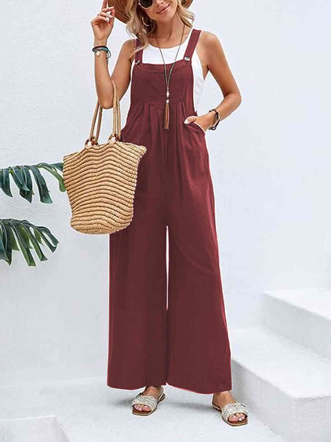 Full Size Wide Leg Overalls with Pockets Wine