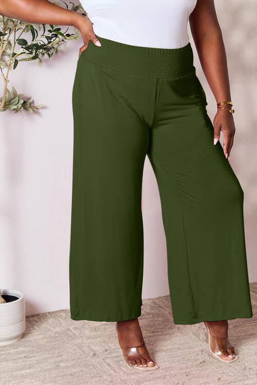 Double Take Full Size Smocked Wide Waistband Wide Leg Pants Army Green