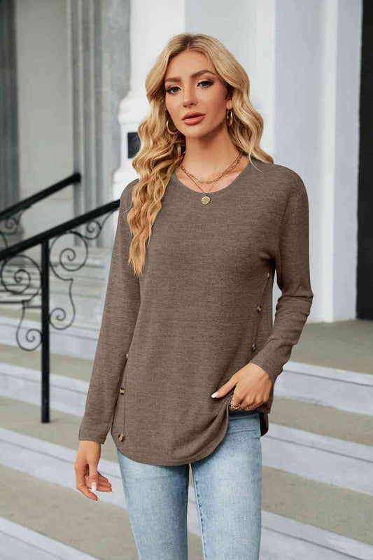 Round Neck Long Sleeve T-Shirt Coffee Brown