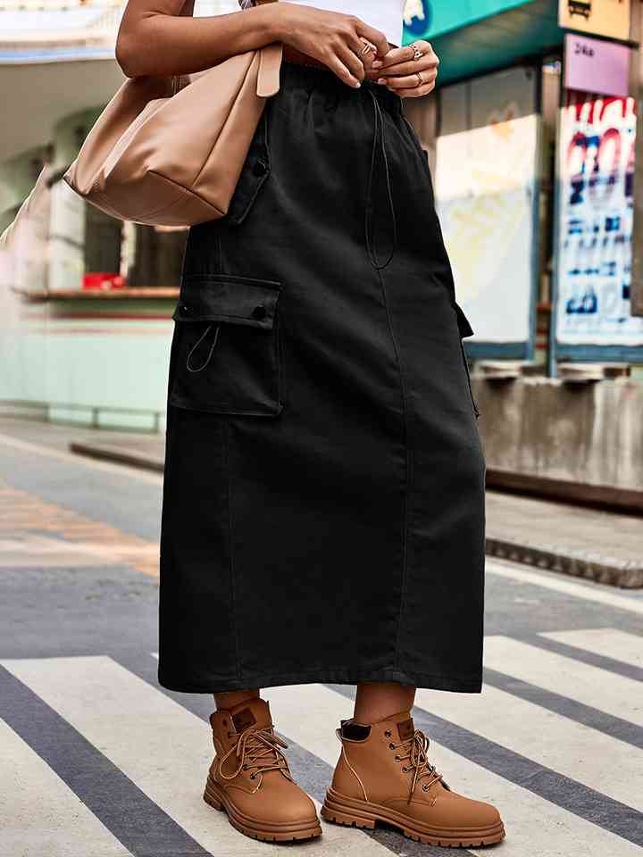 Drawstring Waist Slit Denim Skirt Black