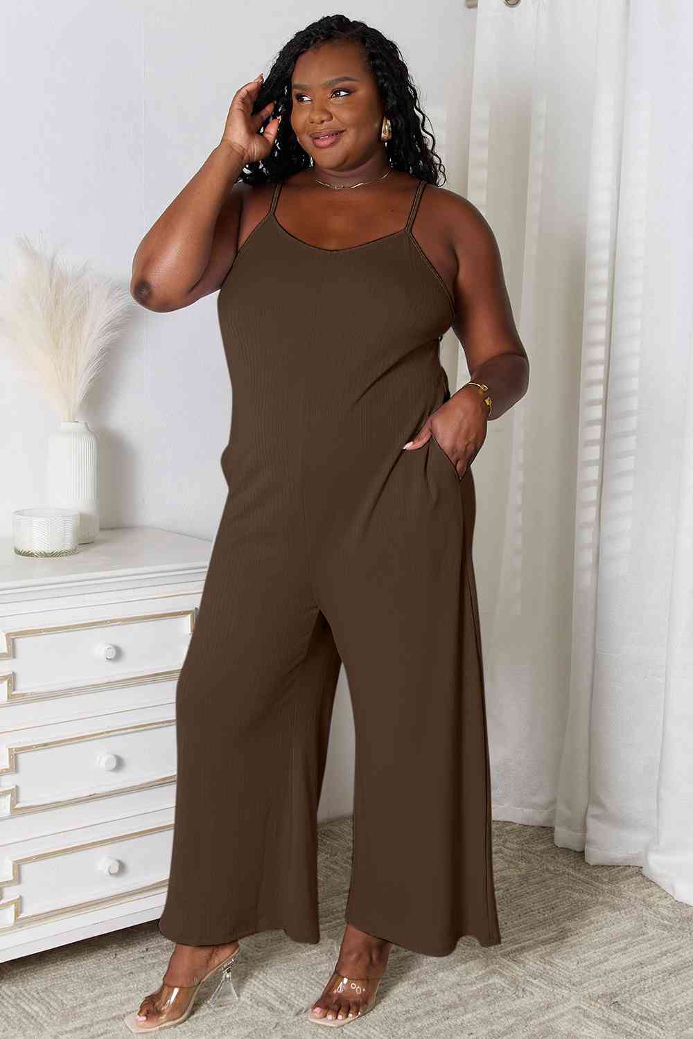 Basic Bae Full Size Spaghetti Strap V-Neck Jumpsuit Chocolate