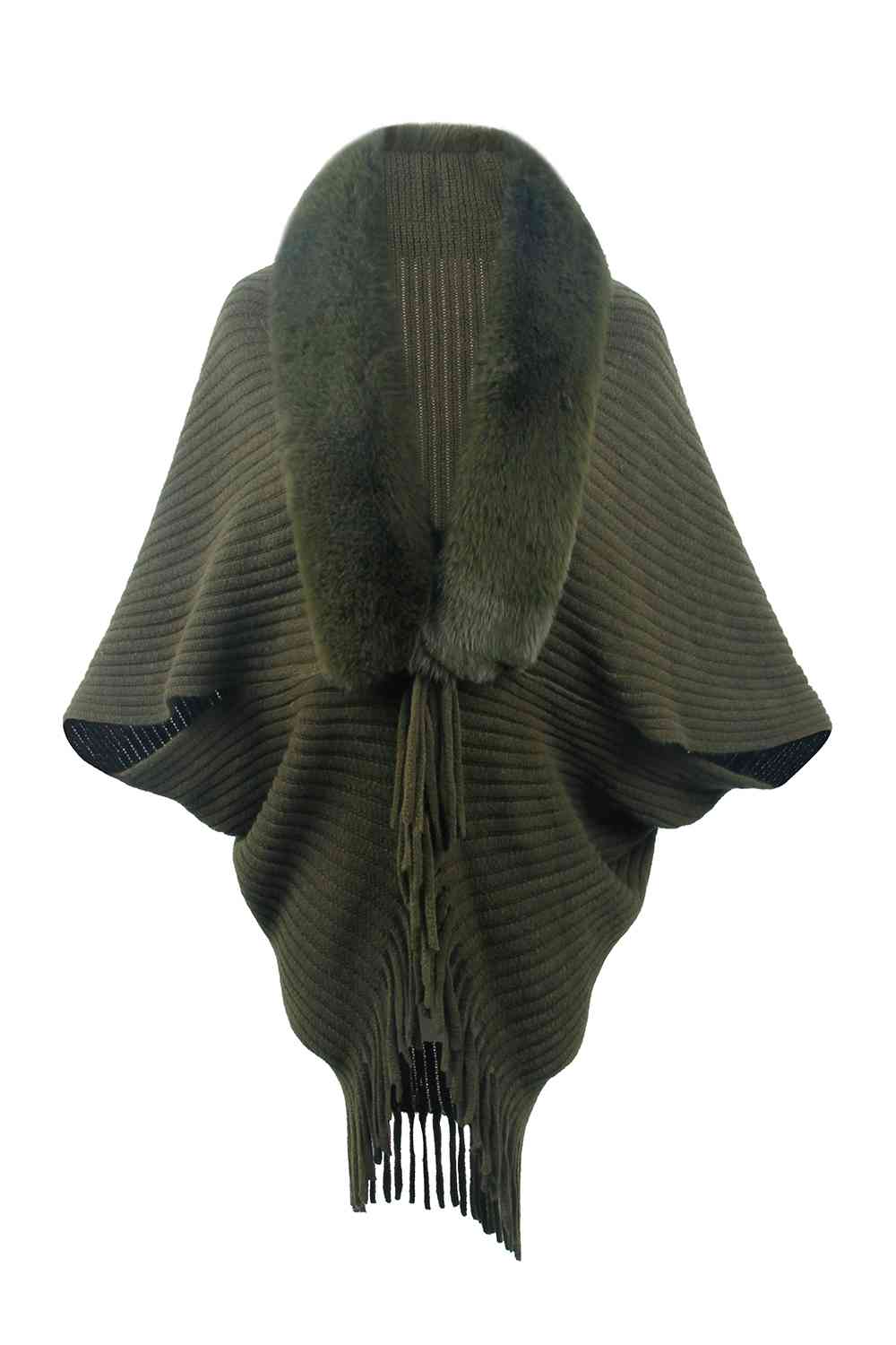 Fringe Detail Long Sleeve Ribbed Poncho Army Green One Size