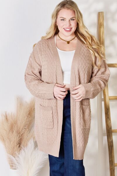 Hailey & Co Full Size Cable-Knit Pocketed Cardigan Mocha