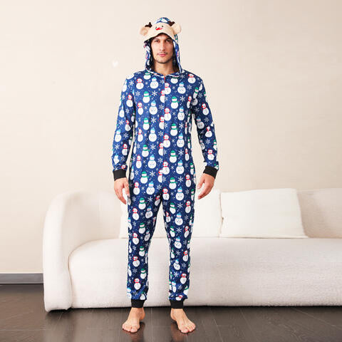 Snowman Print Hooded Jumpsuit Peacock Blue