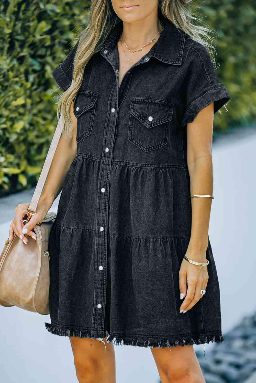 Button Front Raw Hem Denim Dress Black